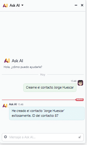 imagen IA de Odoo mostrando como ha creado un contacto en el chat