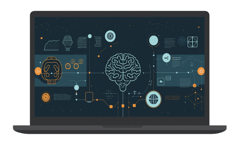laptop proyectando una infografía de como funciona la inteligencia artificial