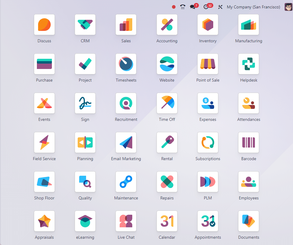 Vista de los módulos principales de Odoo ERP para gestión empresaria